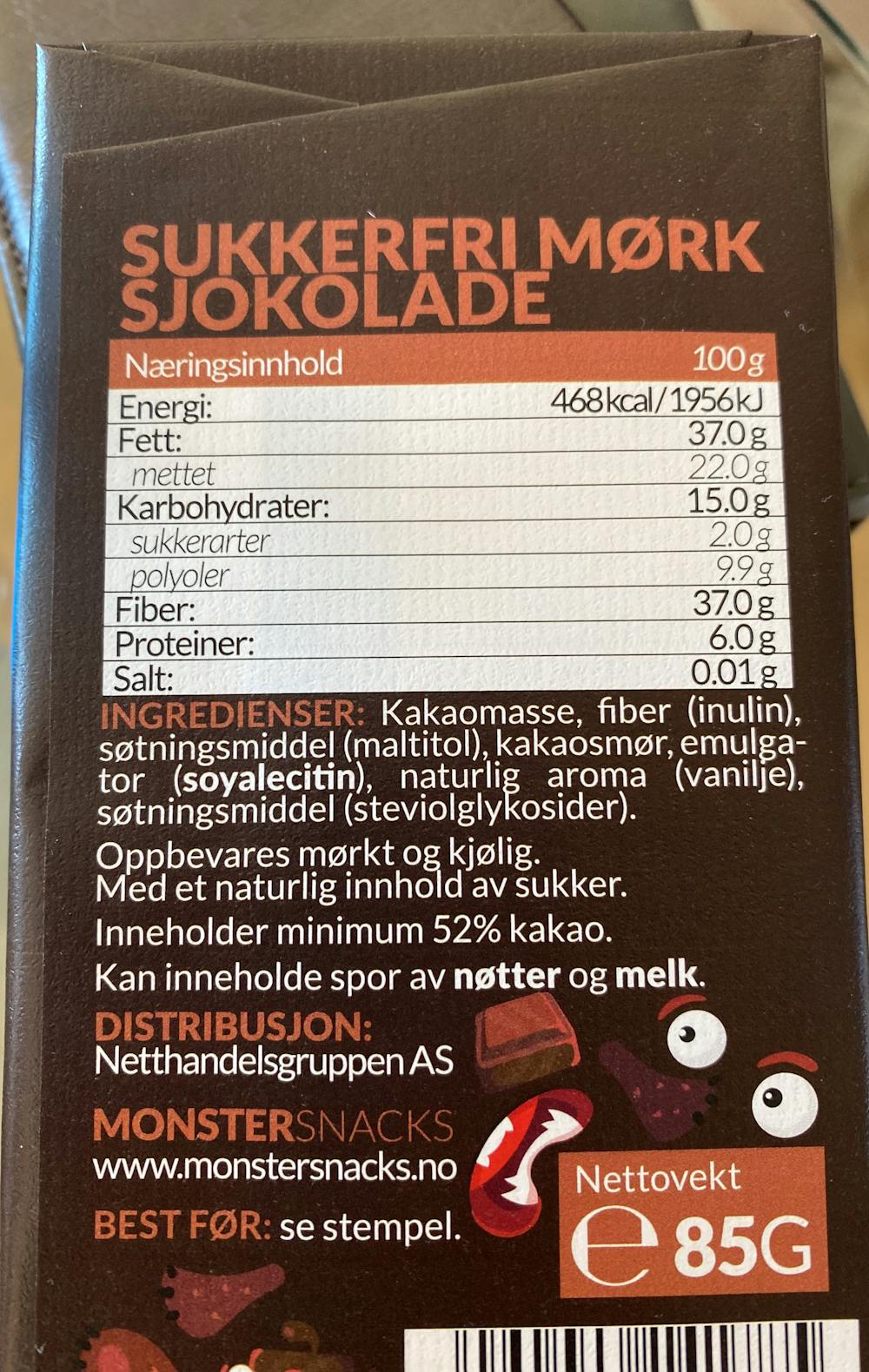 Ingredienslisten til Monster snacks Monster sukkerfri sjokolade
