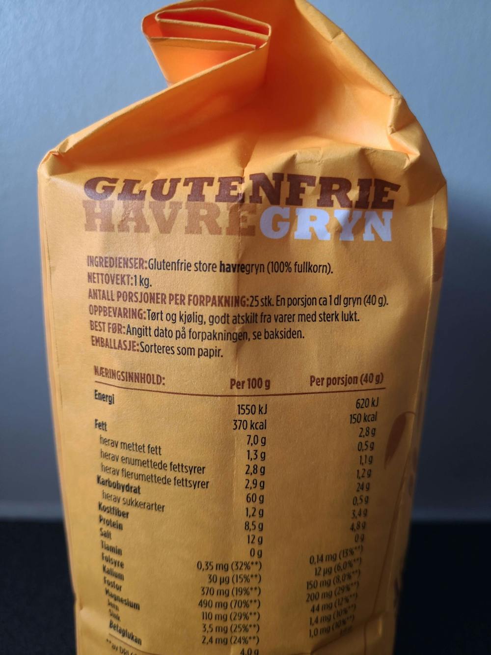 Ingredienslisten til Glutenfrie havregryn, Axa