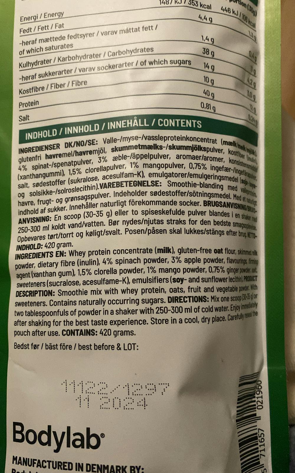 Ingredienslisten til Protein smoothie greenie, Bodylab