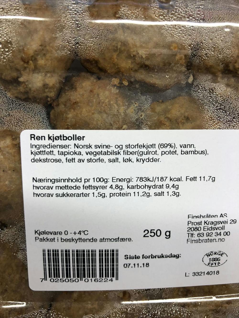 Ingredienslisten til Finsbråten Ren kjøttboller 