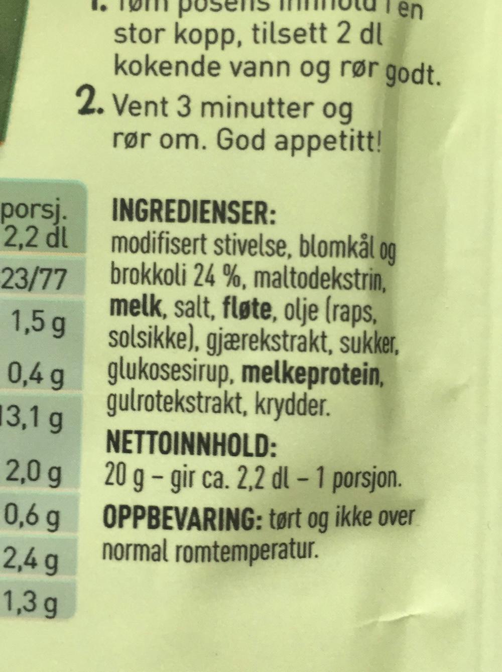 Ingredienslisten til Toro Rett i koppen blomkål- & brokkolisuppe