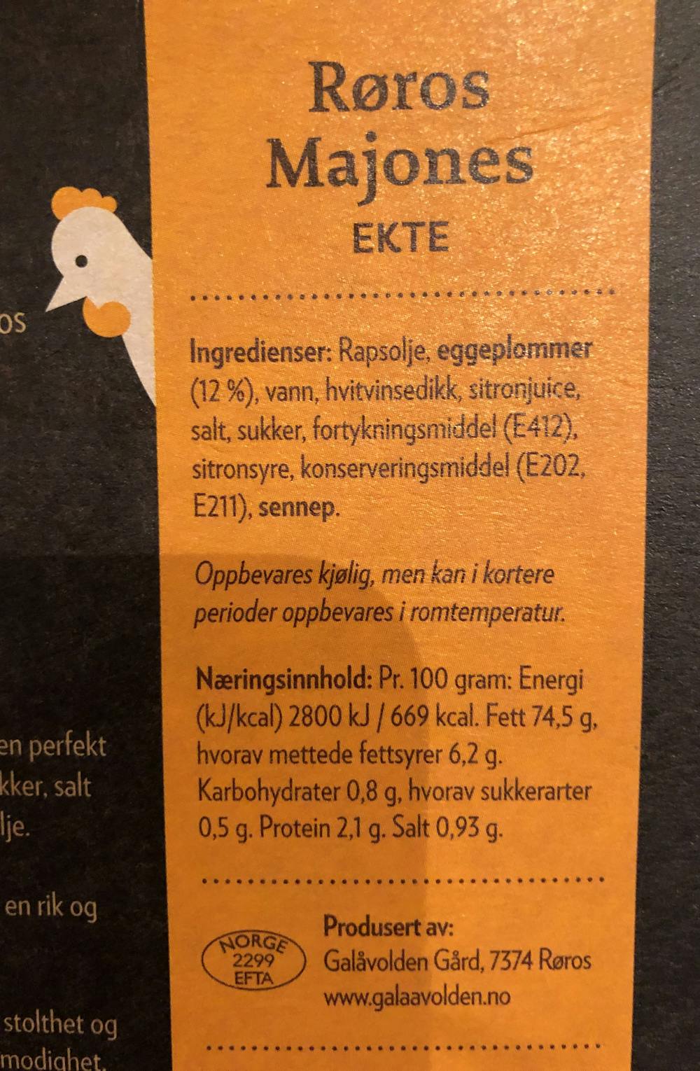 Ingrediensliste - Røros majones, Røros