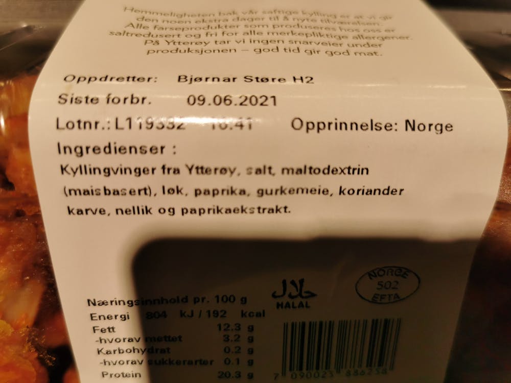Ingredienslisten til Kylling, grillet vingemix, Ytterøy