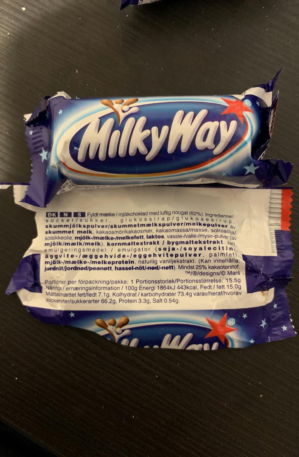 Ingredienslisten til Milky Way Melkesjokolade