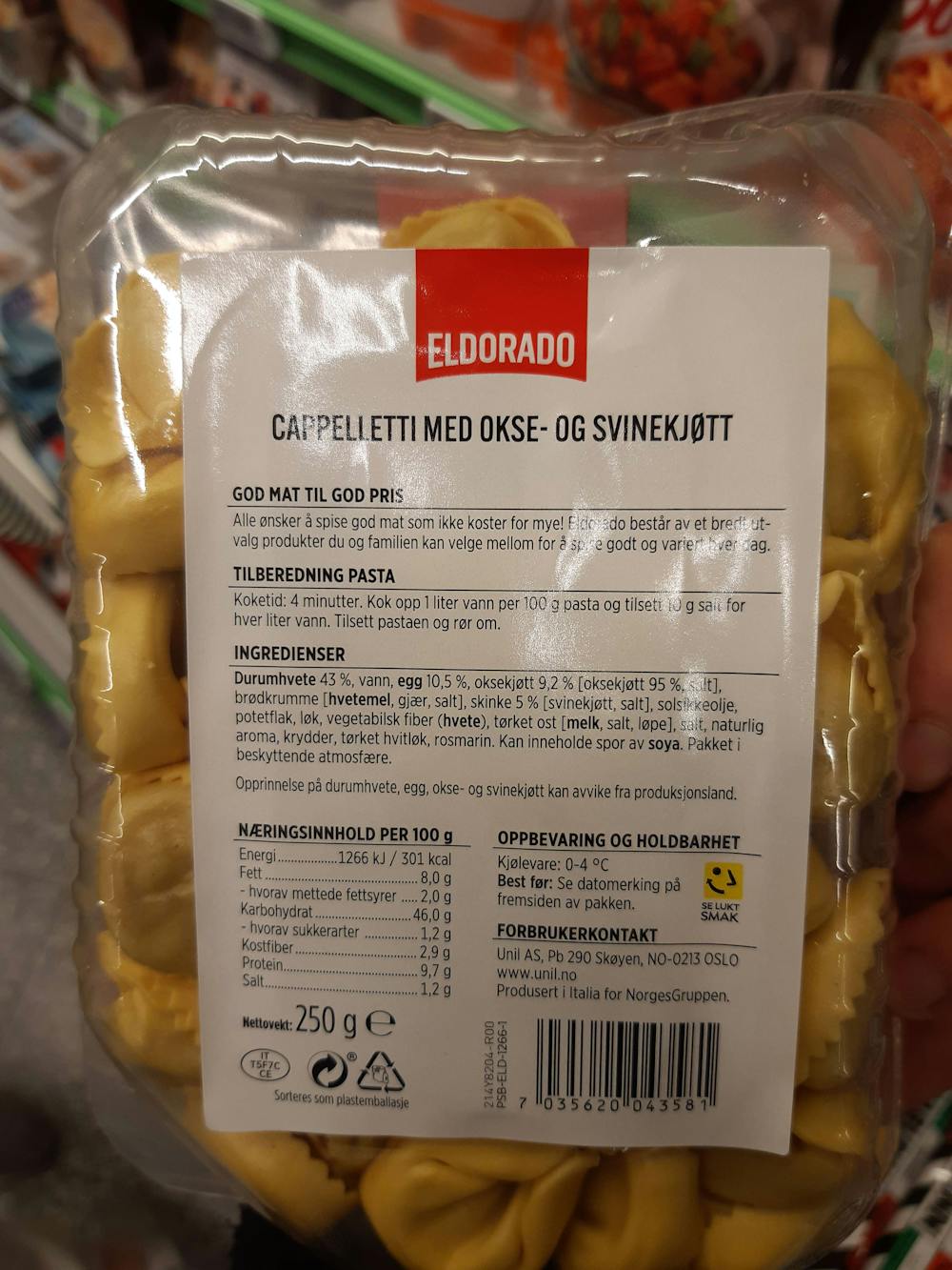 Ingredienslisten til Eldorado Cappelletti