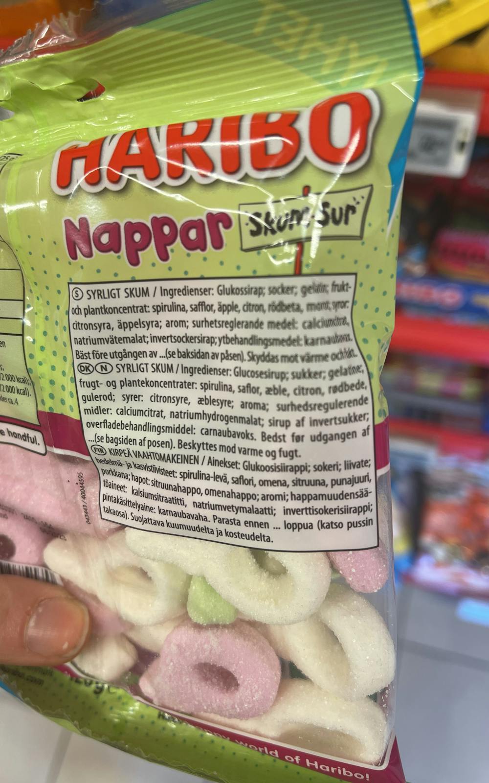 Ingrediensliste - Nappar, skum-sur, Haribo