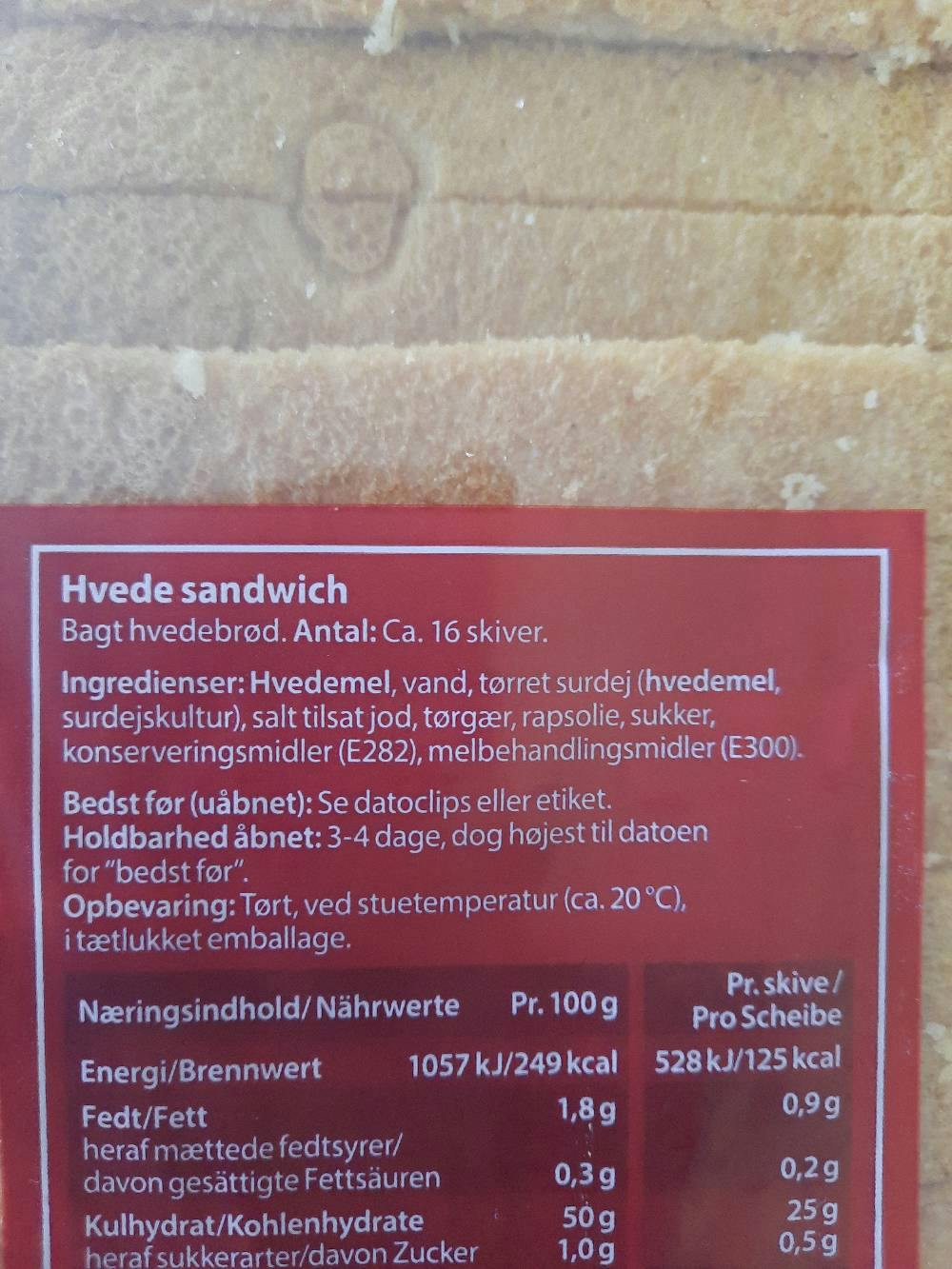 Ingrediensliste - Hvede sandwich, Møllens brød