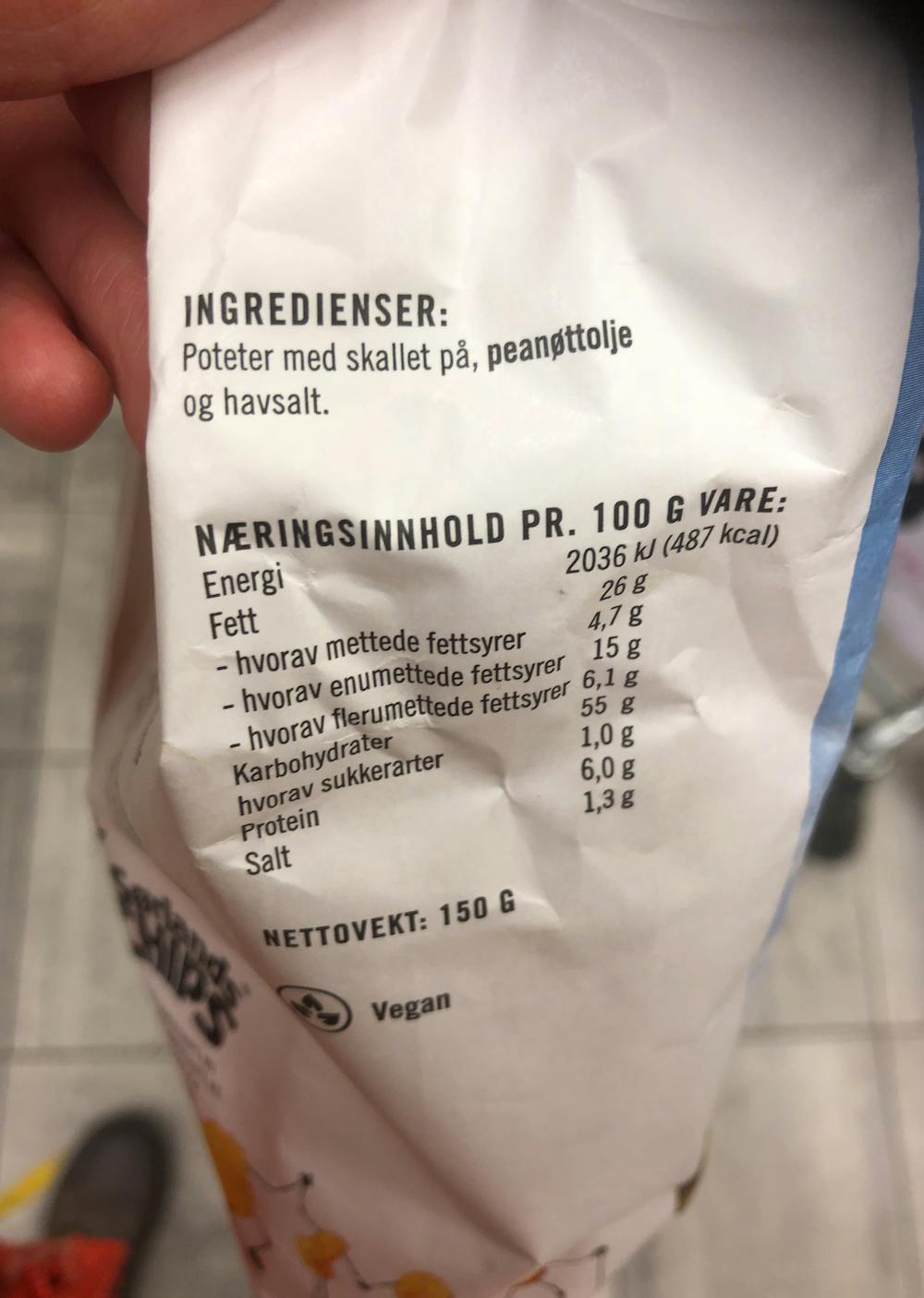 Ingredienslisten til Sørlandschips Rifla havsalt, nypoteter
