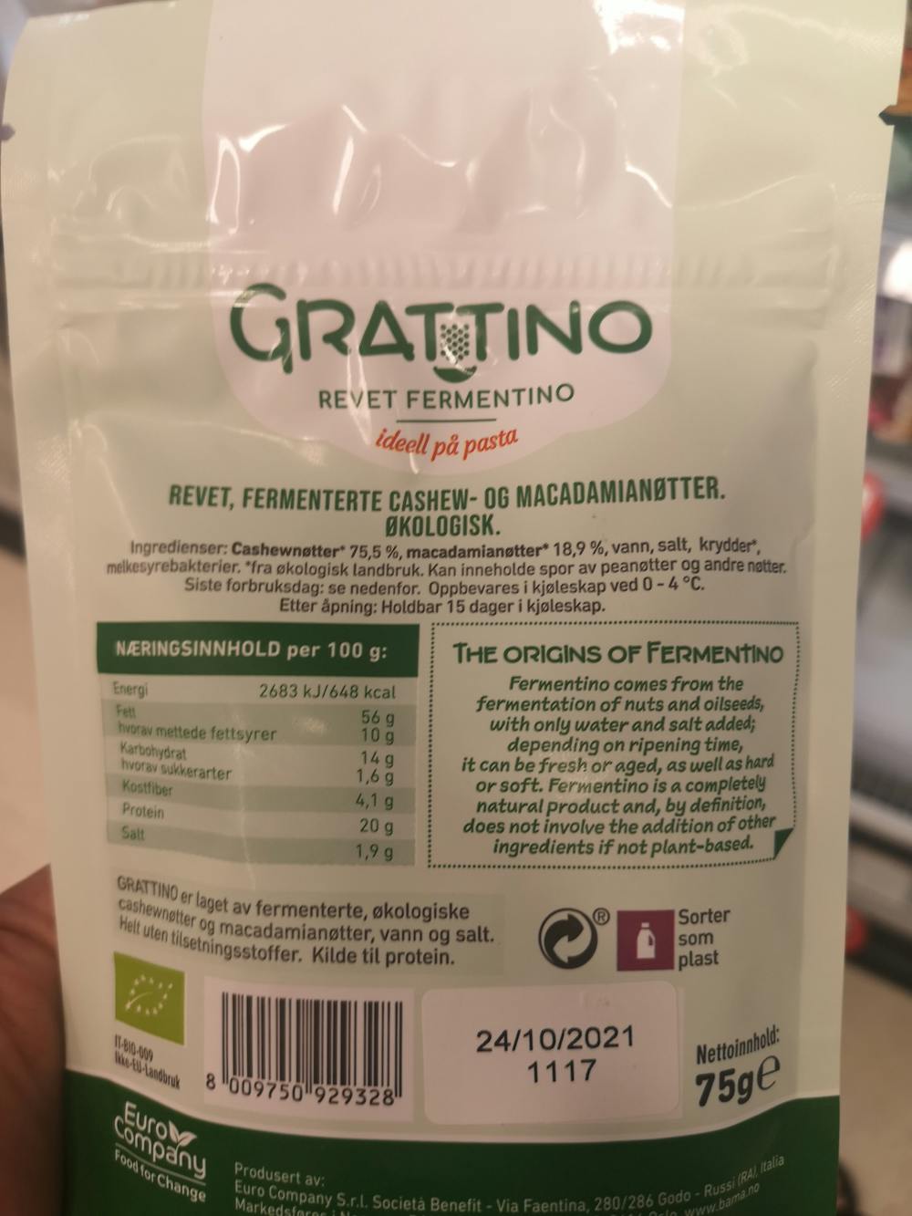 Ingredienslisten til Revet fermentino, Grattino