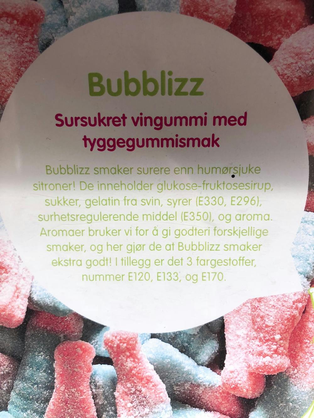 Ingredienslisten til Bublizz, Candy king