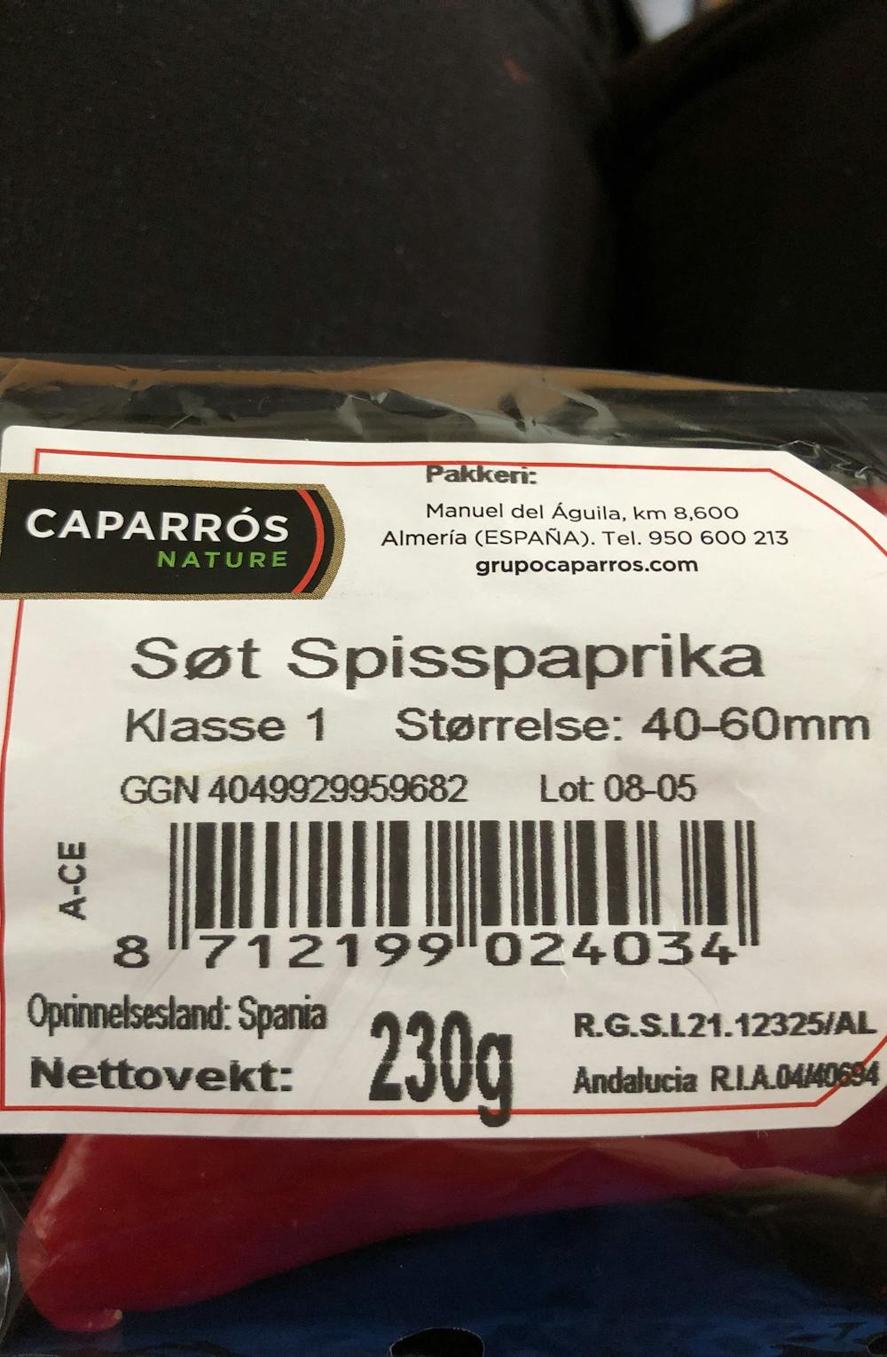 Ingrediensliste - Søt spisspaprika, Caparròs