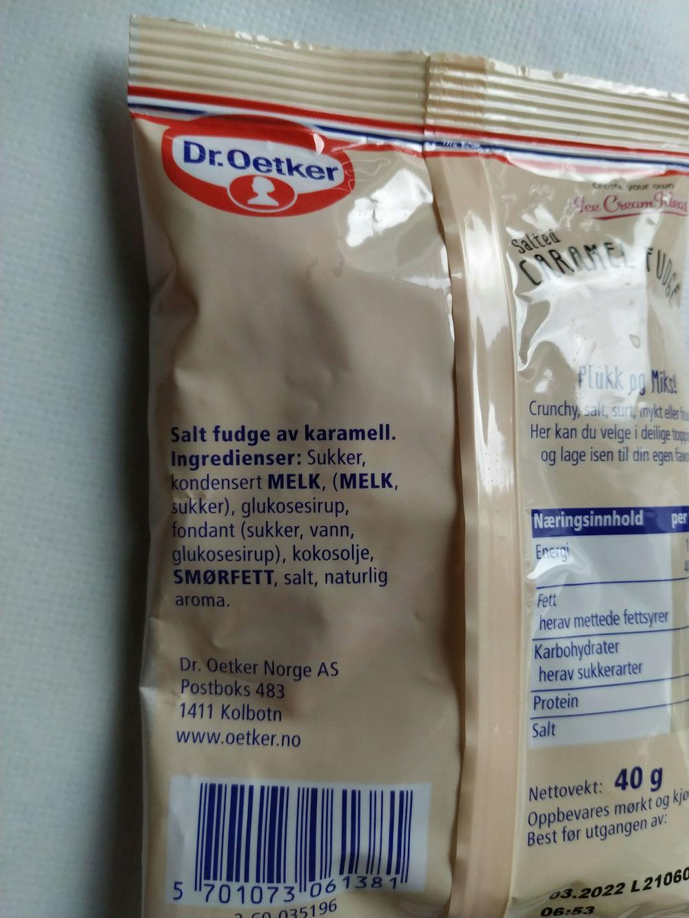 Ingredienslisten til Salted caramel fudge, Dr. Oetker