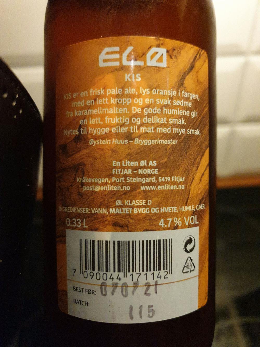 Ingredienslisten til Elø Kis, lys ale