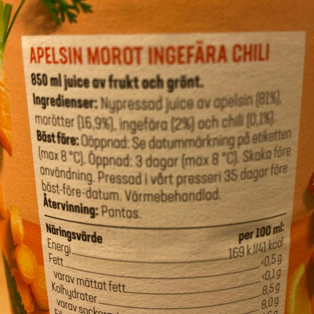 Ingrediensliste - Appelsin, gulrot, ingefær og chili juice, Bramhults