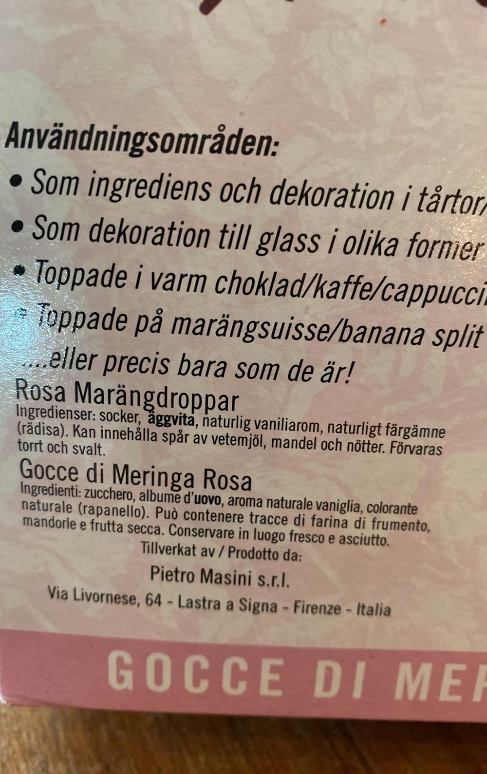 Ingredienslisten til Rosa marängdroppar , Matric
