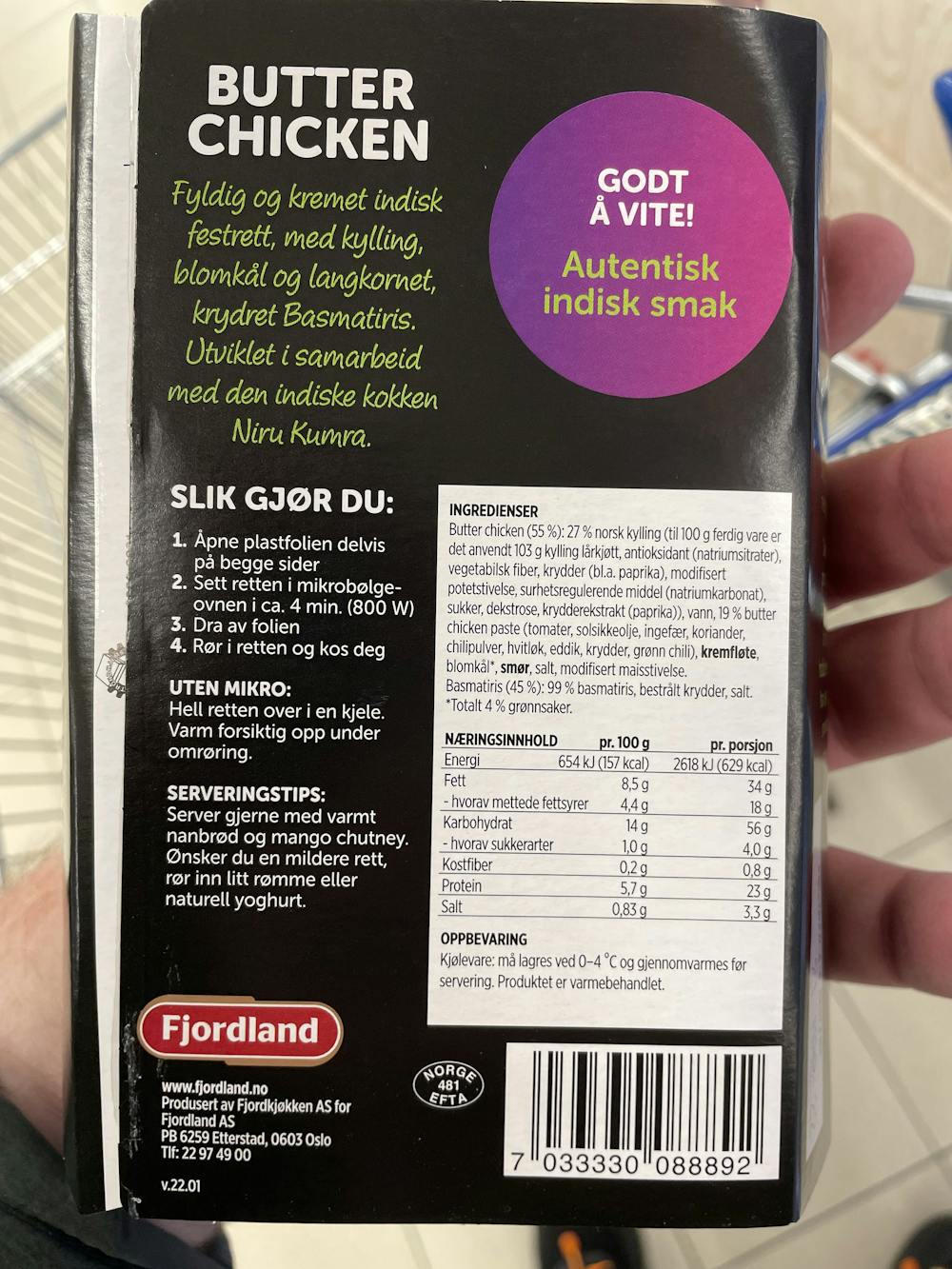 Ingredienslisten til Butter chicken i skål, Fjordland