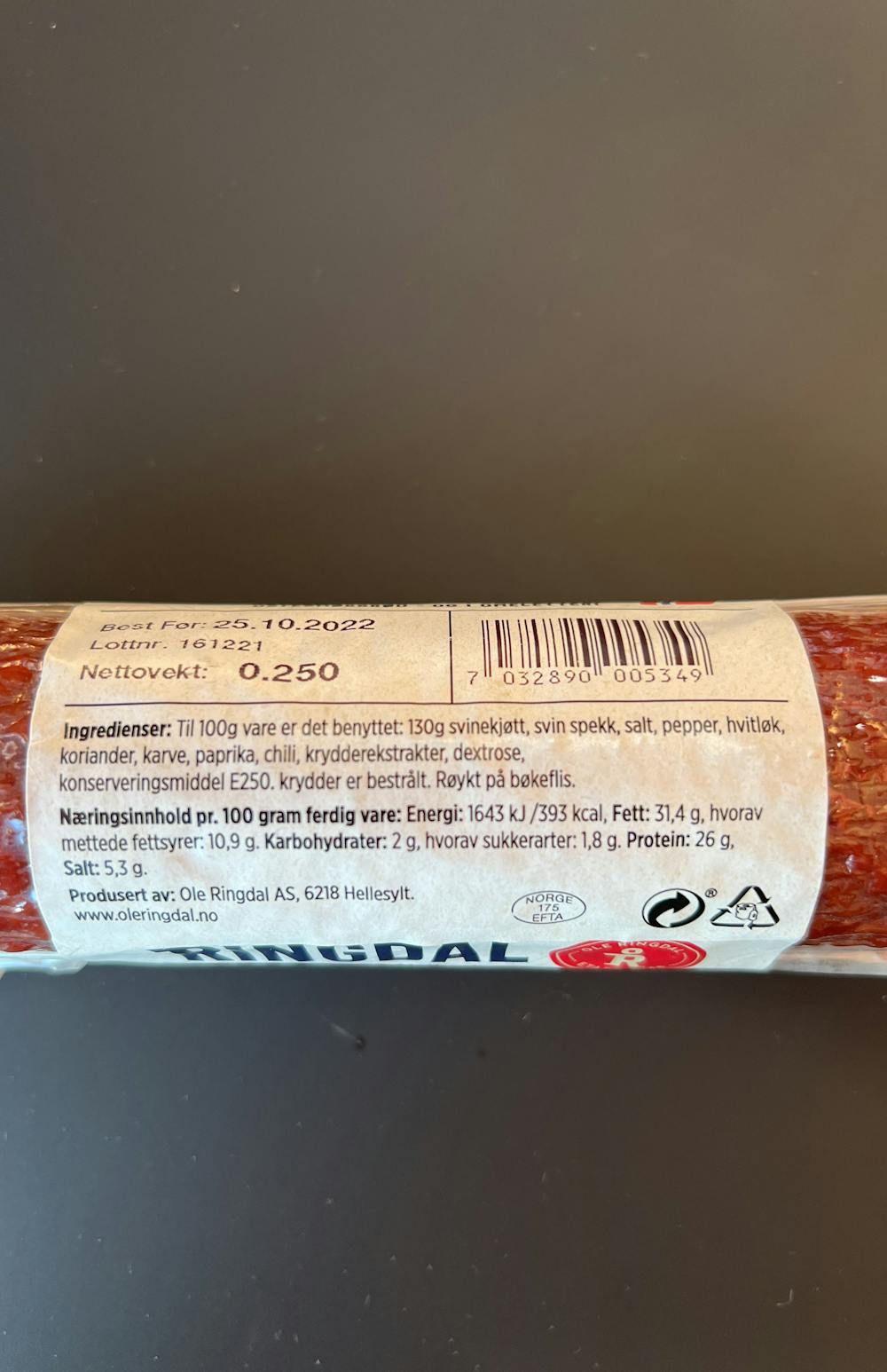 Ingrediensliste - Chorizo, Ringdal