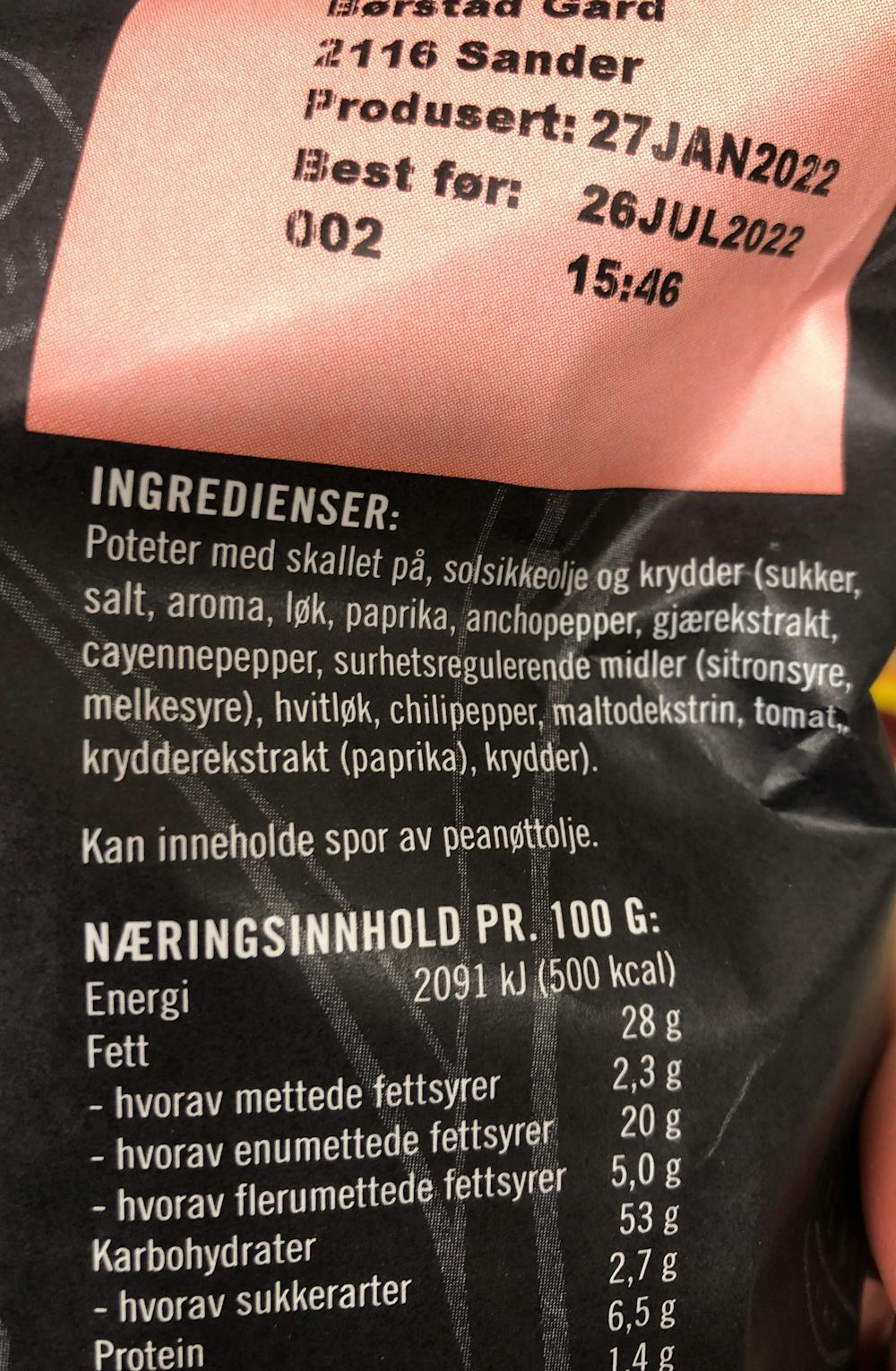 Ingredienslisten til Tynn & sprø sweet chili, Sørlandschips