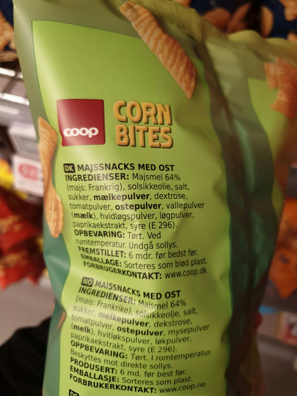 Ingredienslisten til Corn bites, med ost, Coop