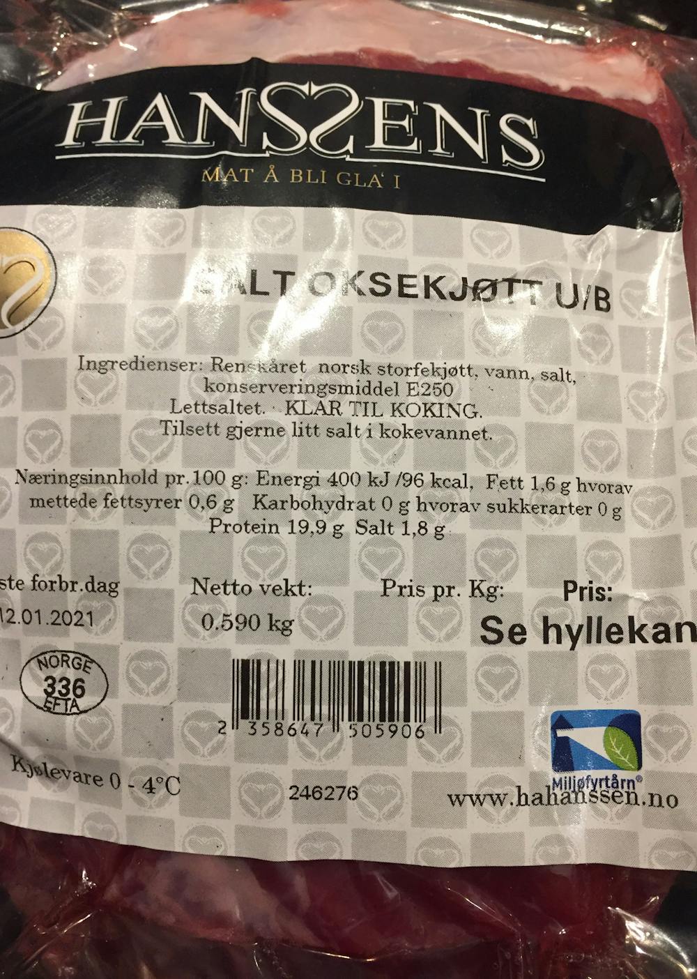 Ingredienslisten til Salt oksekjøtt, Hanssens