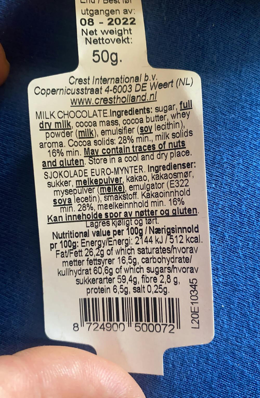 Ingredienslisten til Milk chocolate, Crest Holland