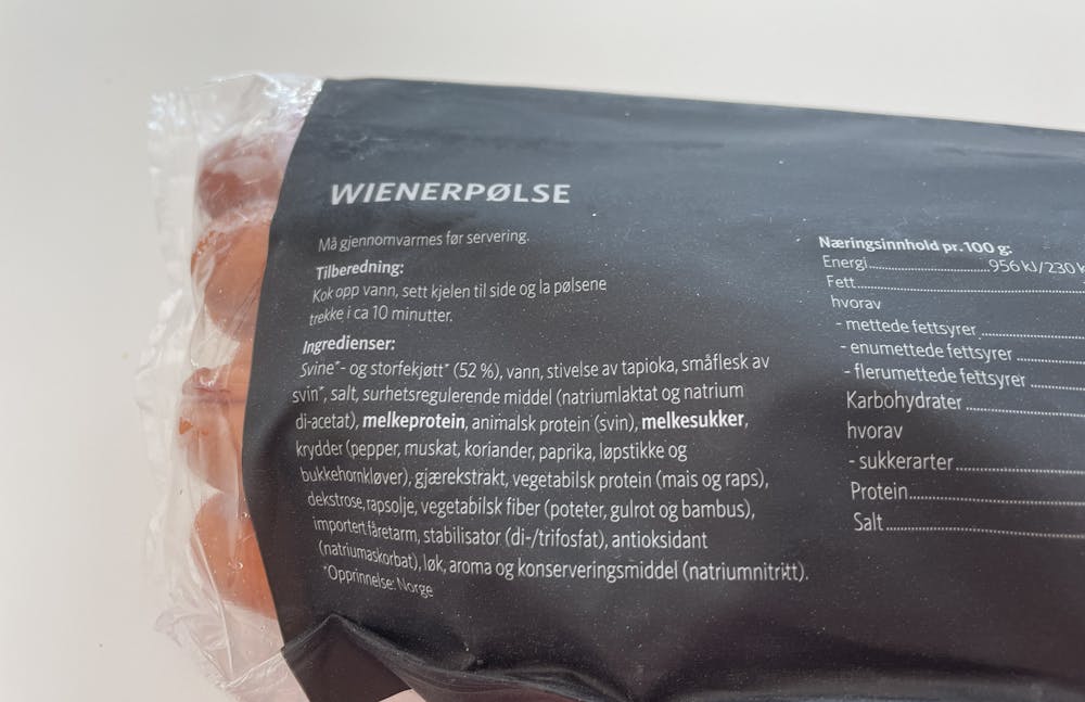 Ingrediensliste - Wienerpølse Nordfjord, Wienerpølse