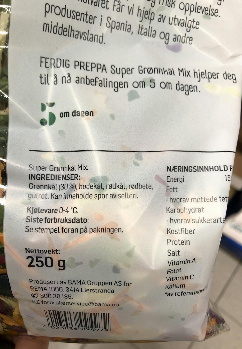 Ingredienslisten til Super grønnkål mix, Ferdig preppa
