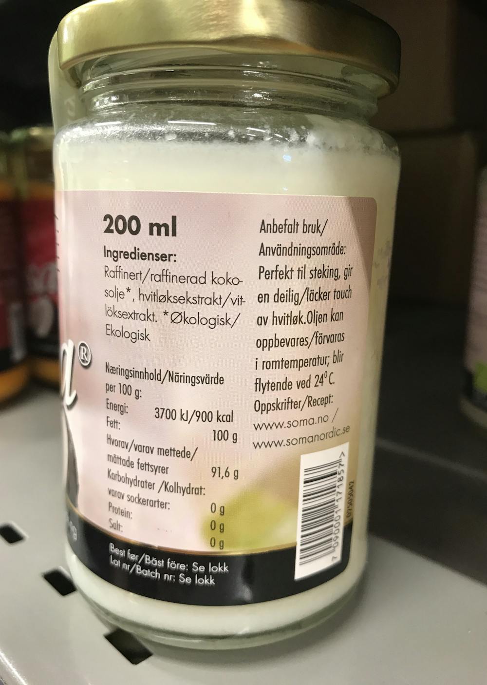 Ingredienslisten til Hvitløk cocosa, Soma Nordic
