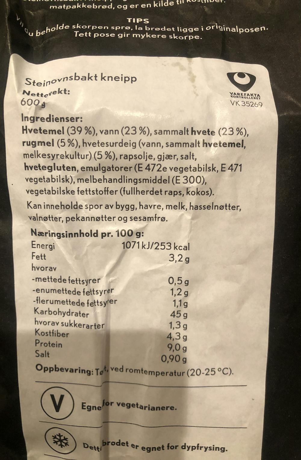 Ingrediensliste - Kneippbrød, Mesterbakern