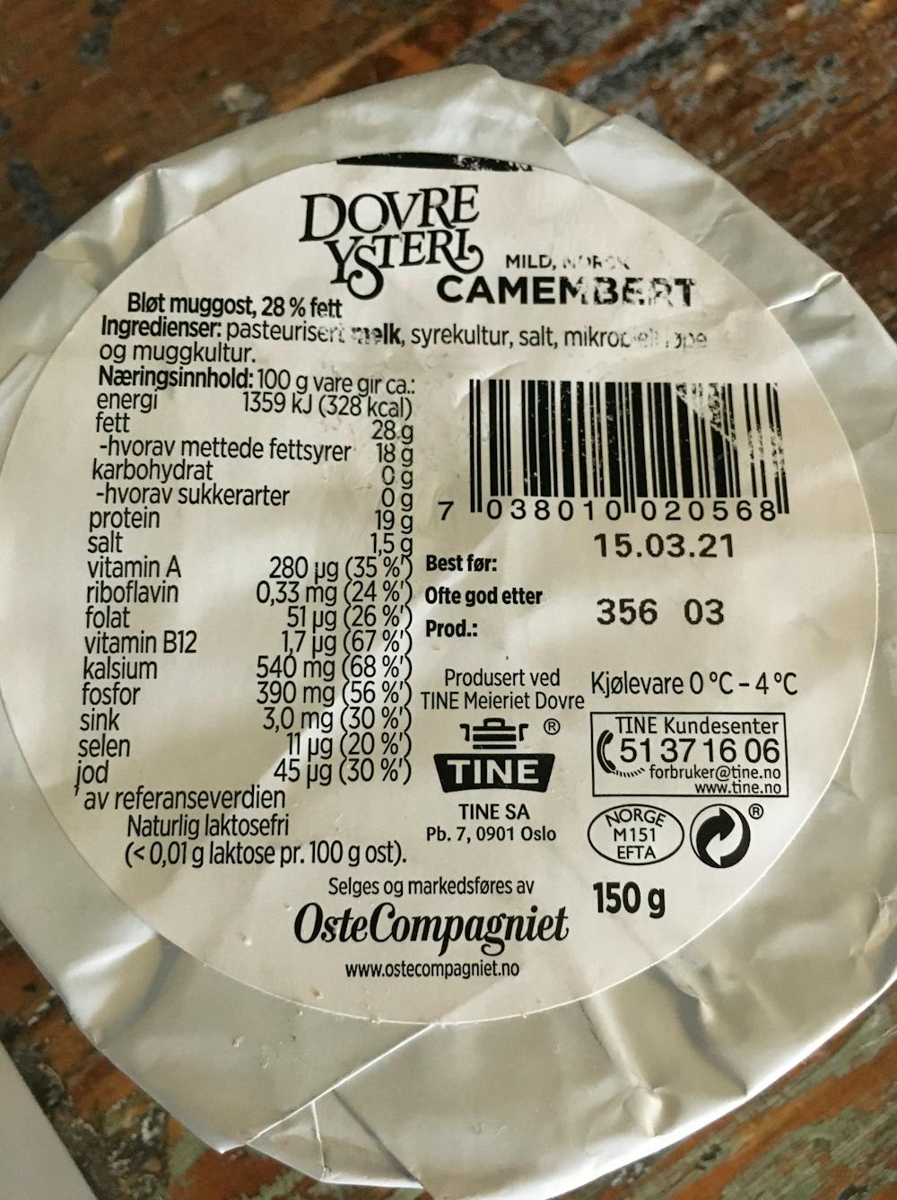 Ingredienslisten til Camembert , Dovre ysteri