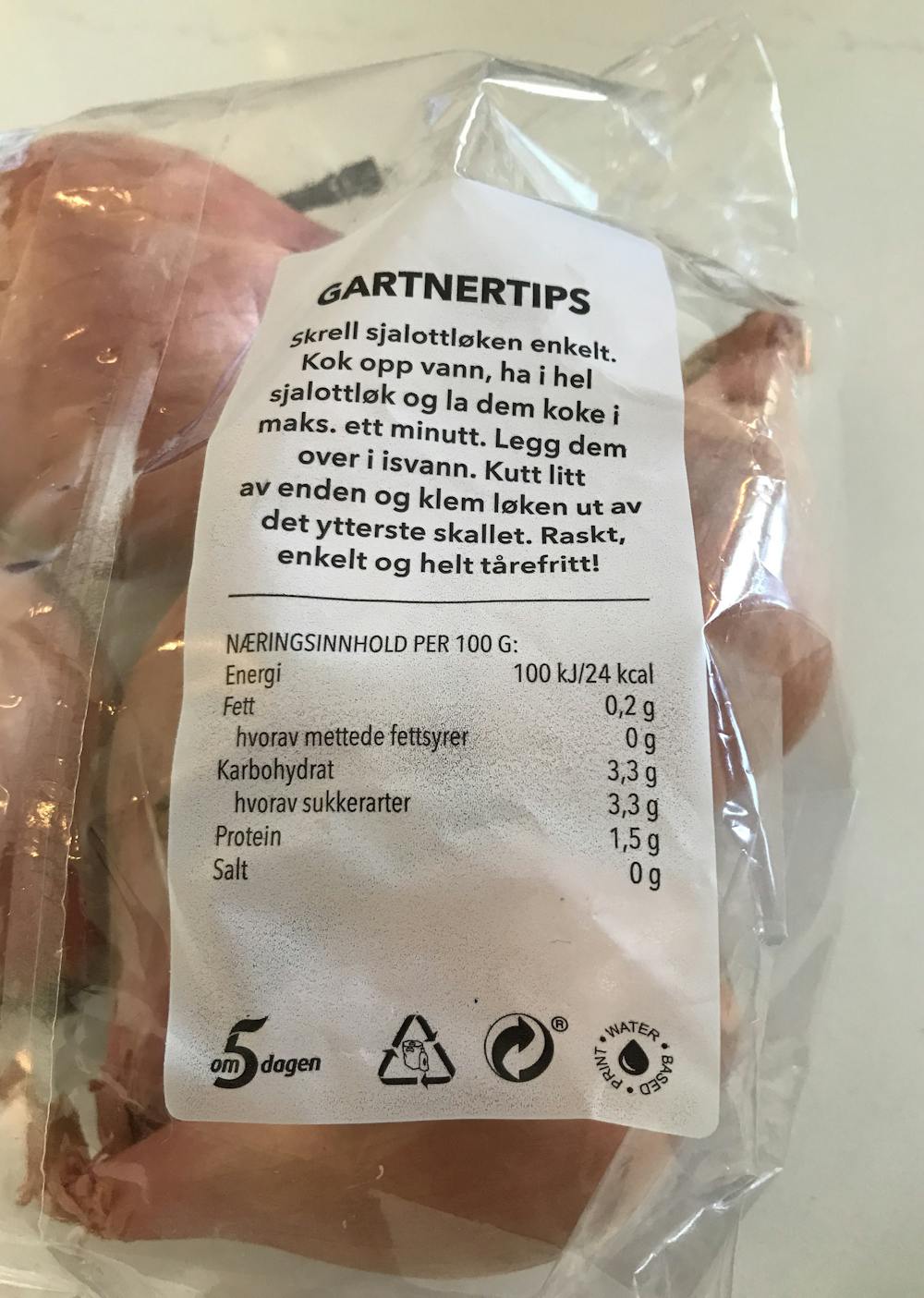Ingredienslisten til Gartner Sjalottløk