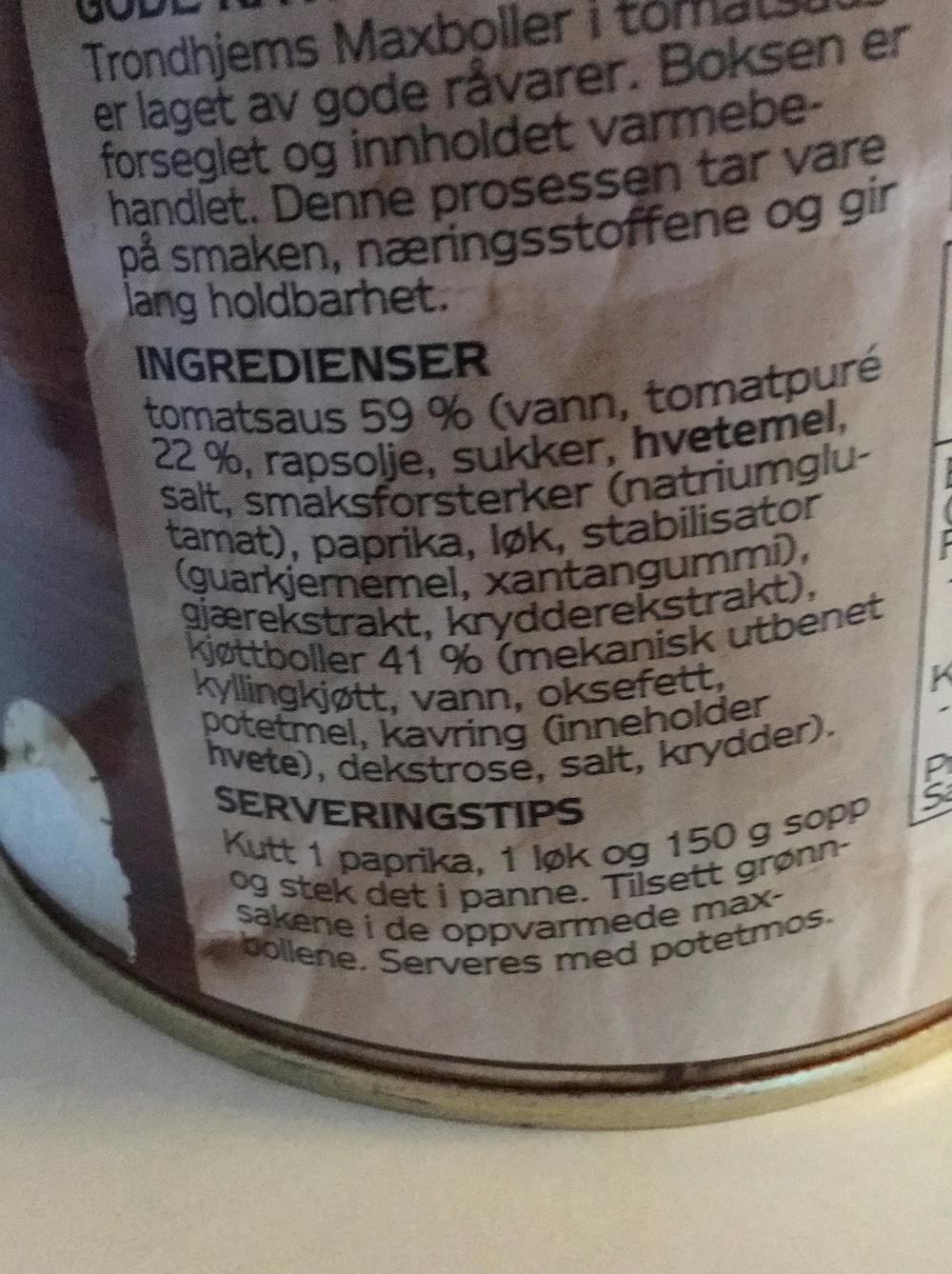 Ingredienslisten til Trondhjems Maxiboller i tomatsaus