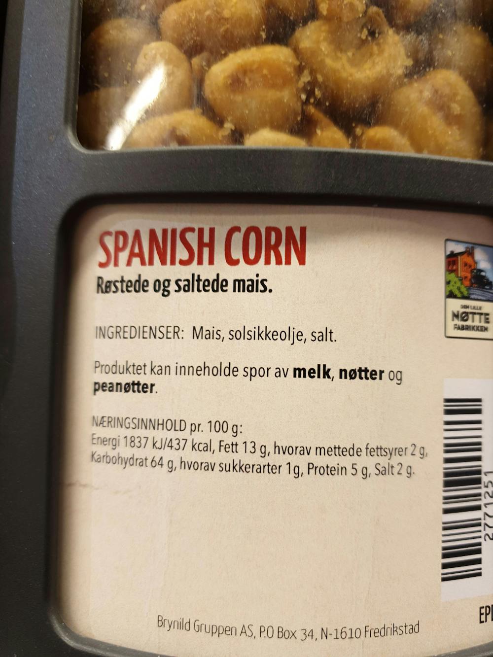 Ingredienslisten til Den lille nøttefabrikken Spanish corn