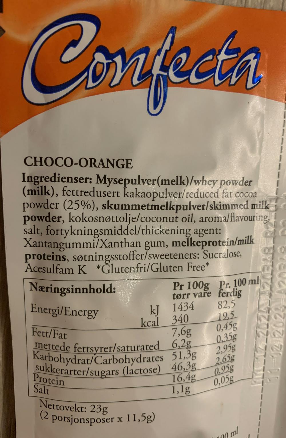 Ingredienslisten til Choco Orange Confecta