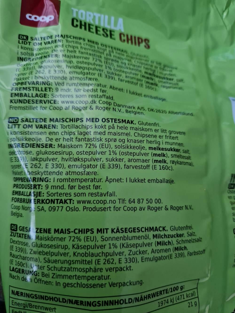 Ingrediensliste - Tortilla cheese chips, Coop