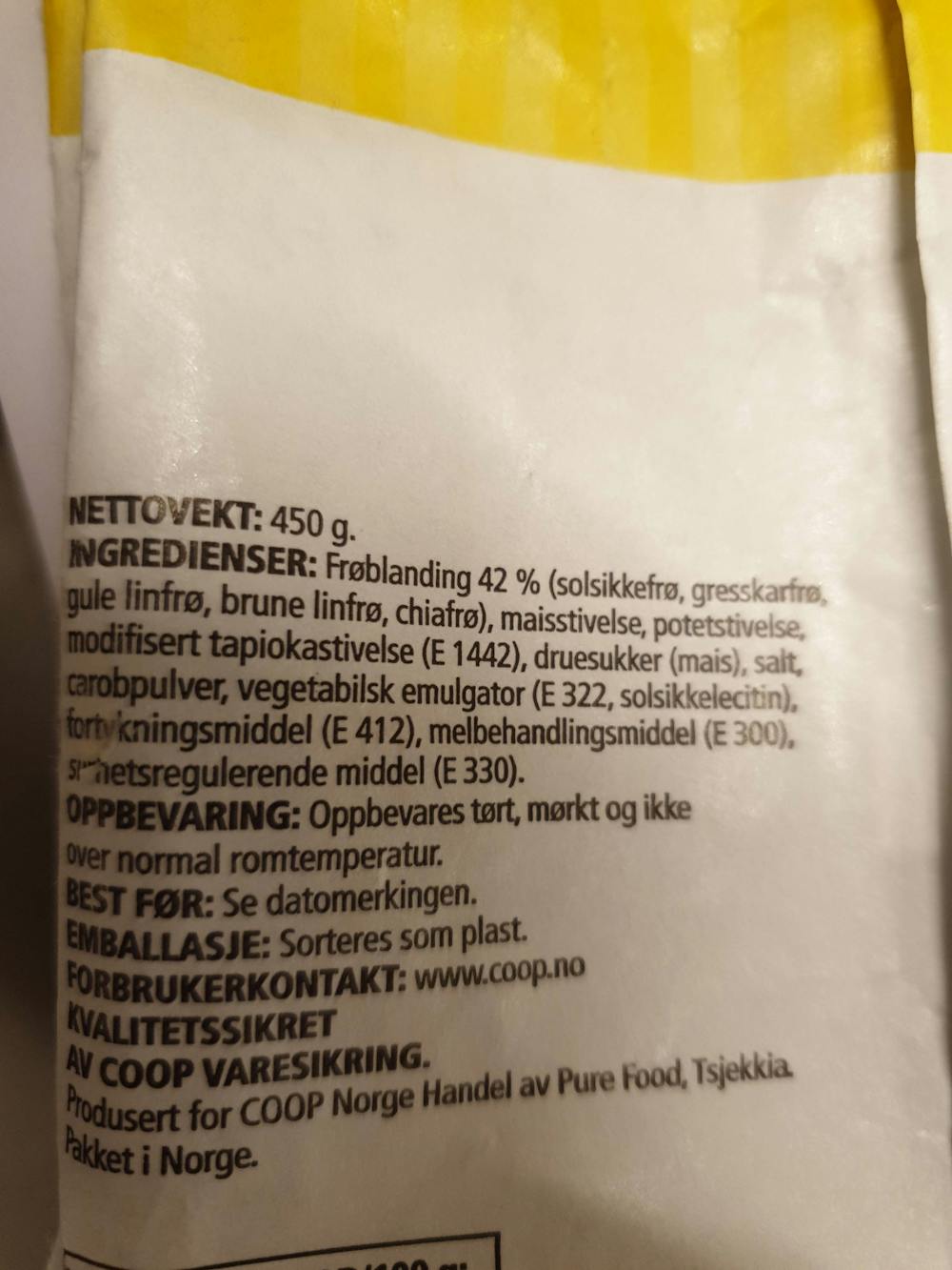 Ingredienslisten til Coop Frøbrød, glutenri bakemiks