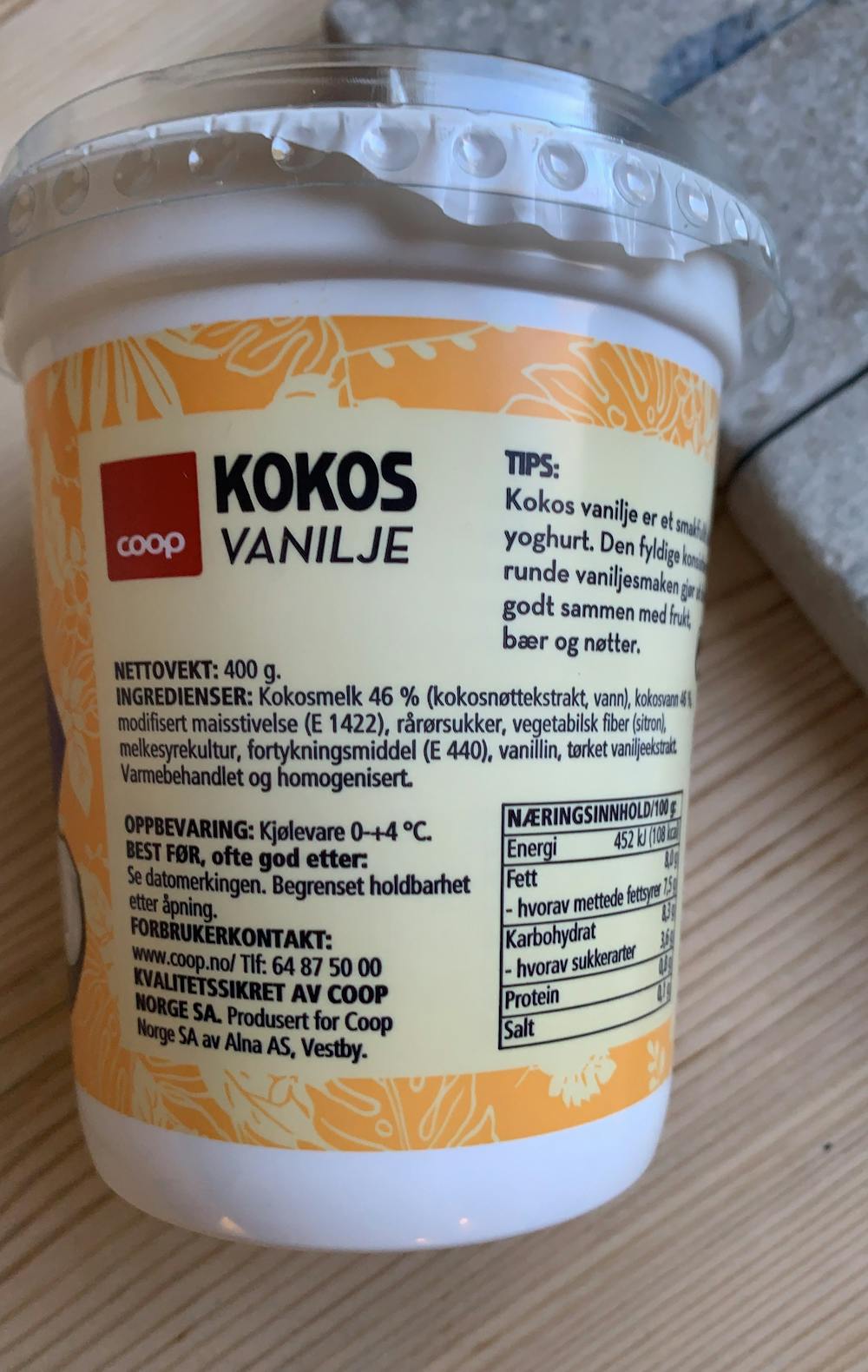 Ingredienslisten til Kokos vanilje, Coop
