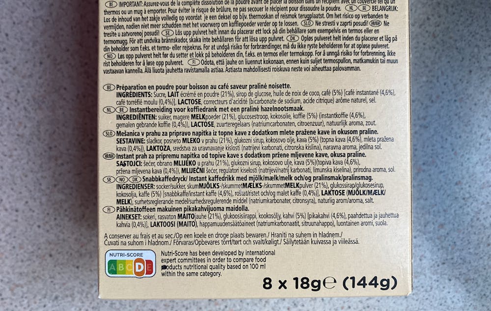 Ingredienslisten til Praline latte, Nescafe gold 