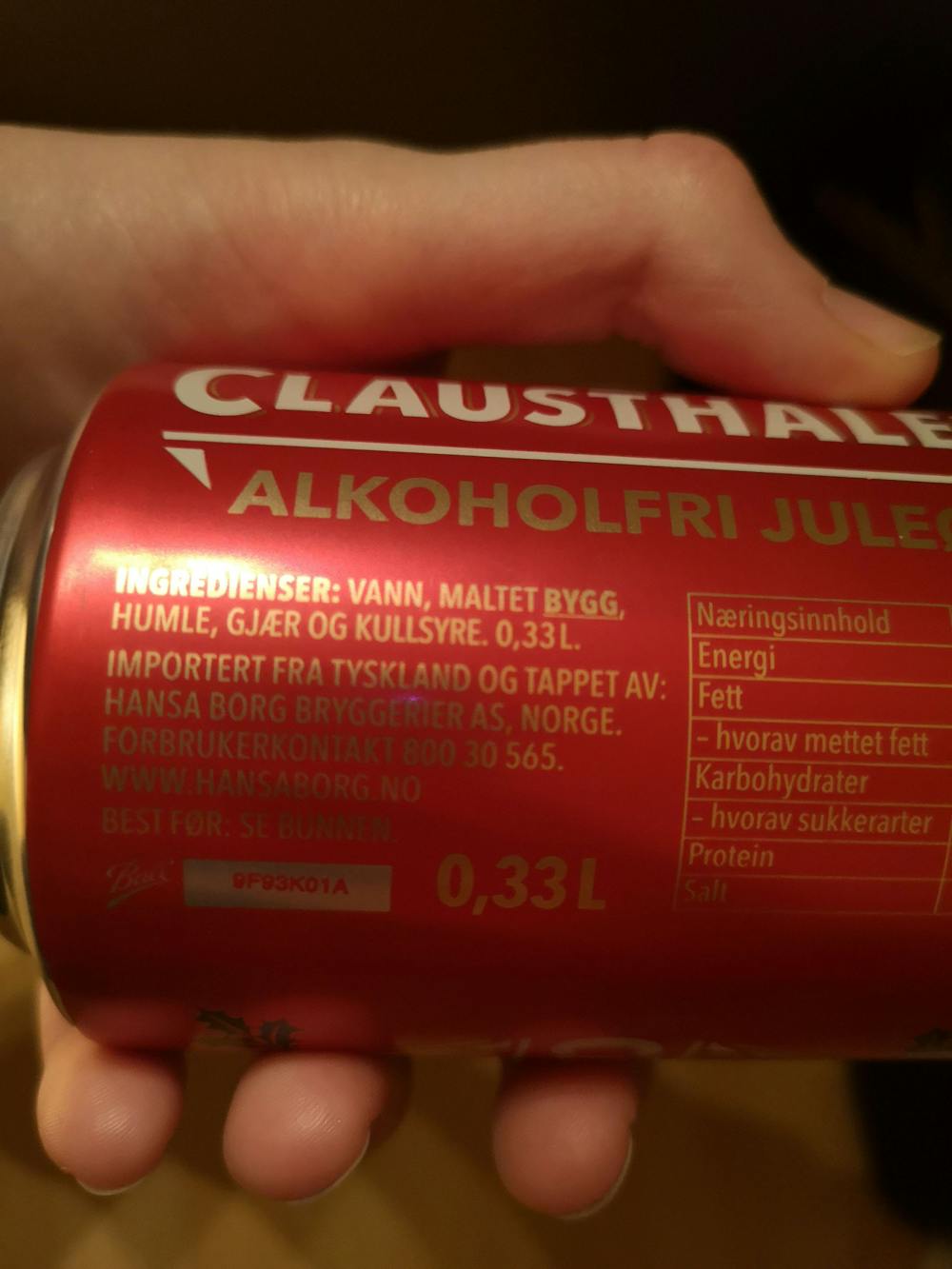 Ingredienslisten til Santa Clausthaler Juleøl non-alcoholic 