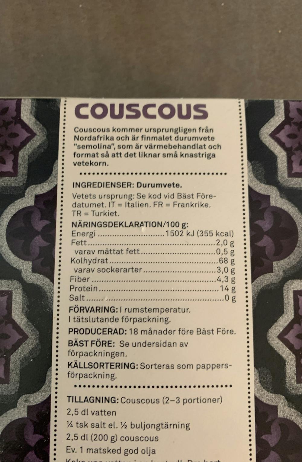 Ingrediensliste - Couscous, Coop