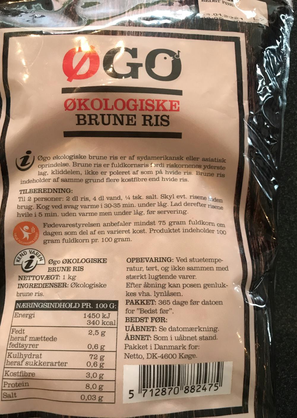 Ingredienslisten til ØGO Økologiske brune ris