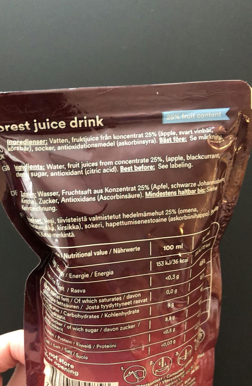 Ingredienslisten til Crazy Fruits Forest juice drink