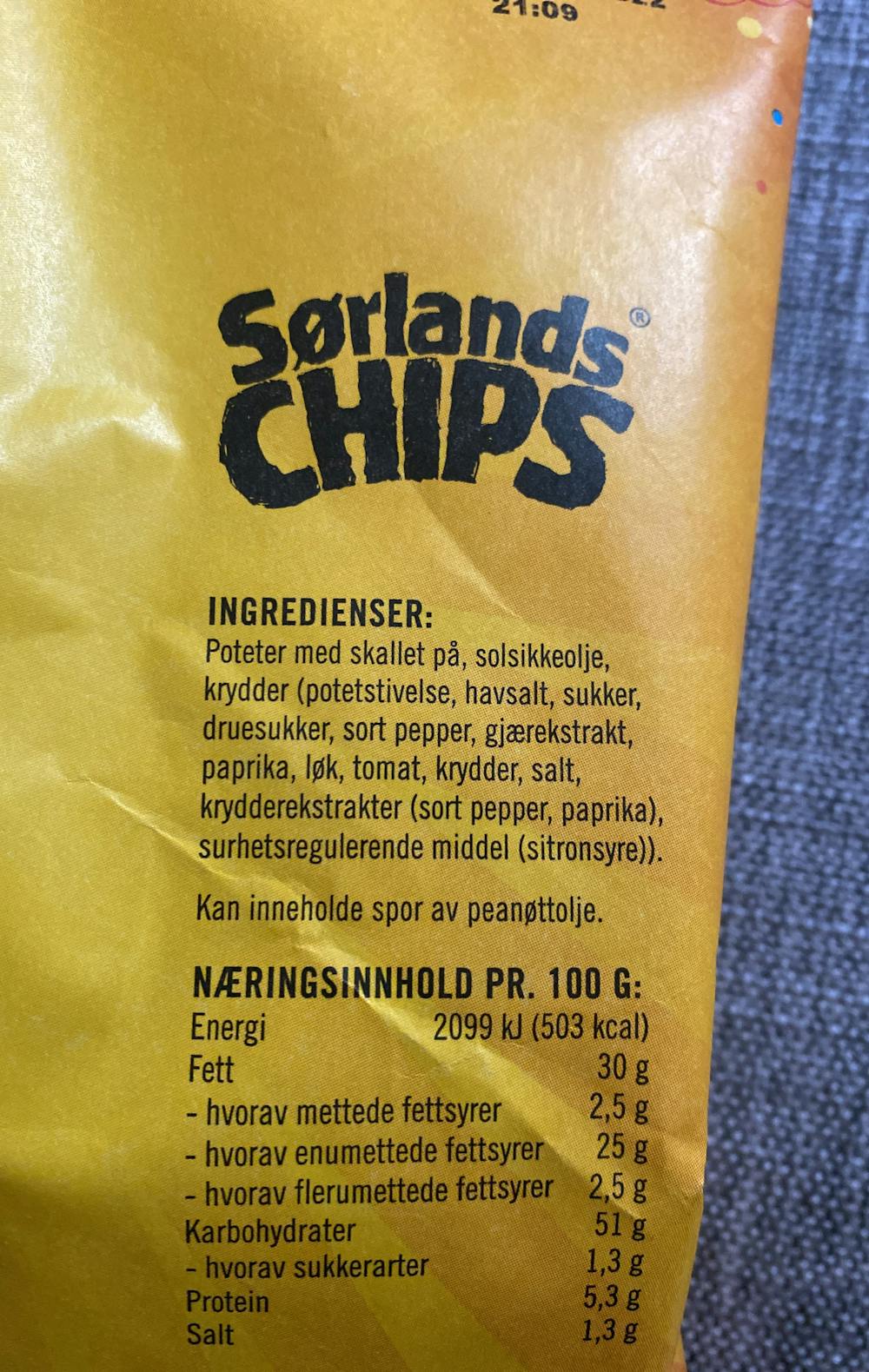 Ingredienslisten til Rifla potetchips, halvsalt & pepper, Sørlands chips