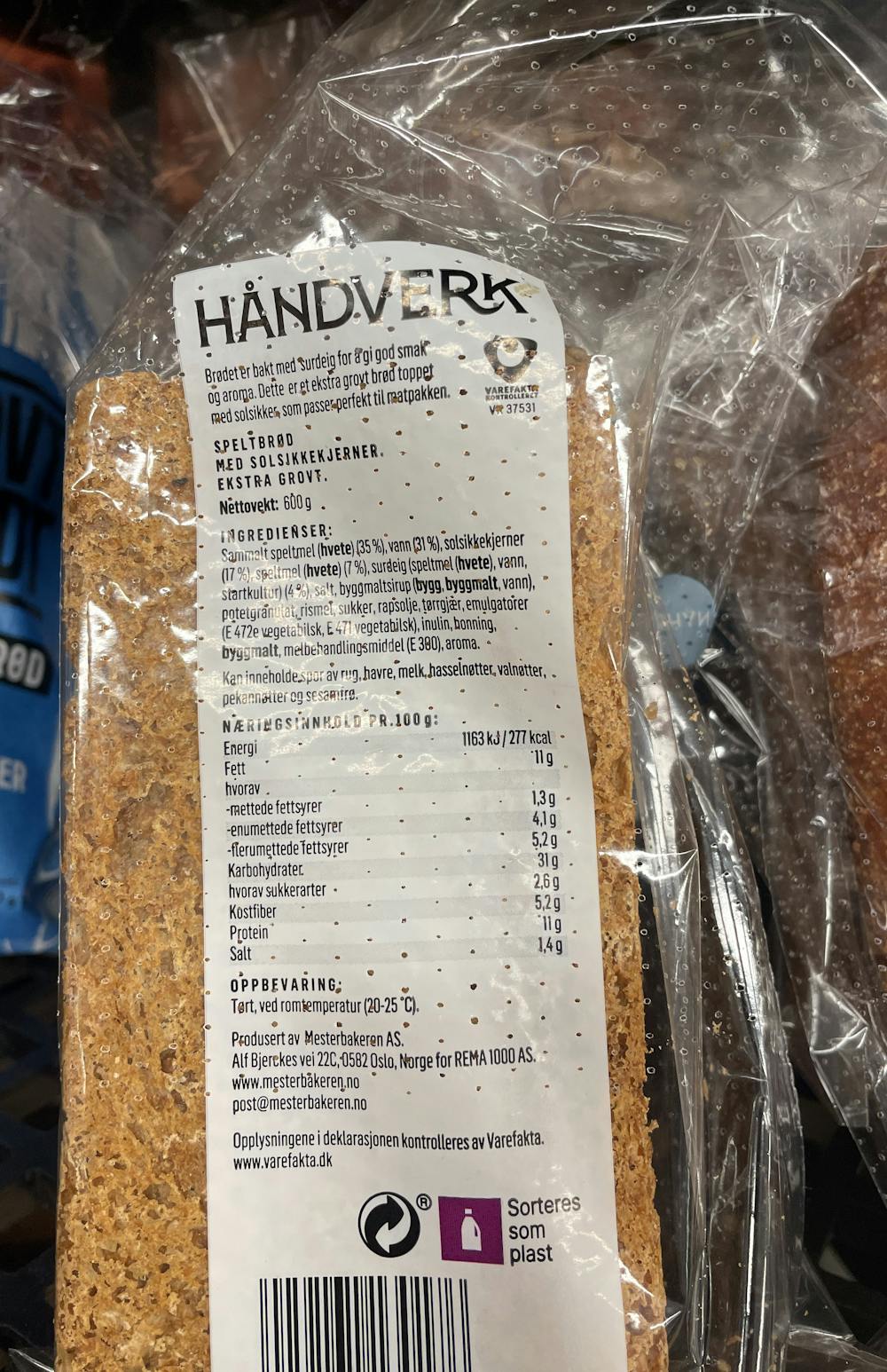 Ingredienslisten til Håndverk, ekstra grovt speltbrød, Mesterbakeren