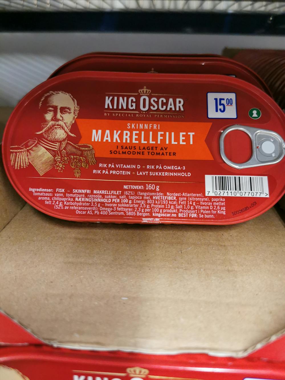 Ingredienslisten til King Oscar Skinnfri makrellfilet, i saus laget av solmodne tomater