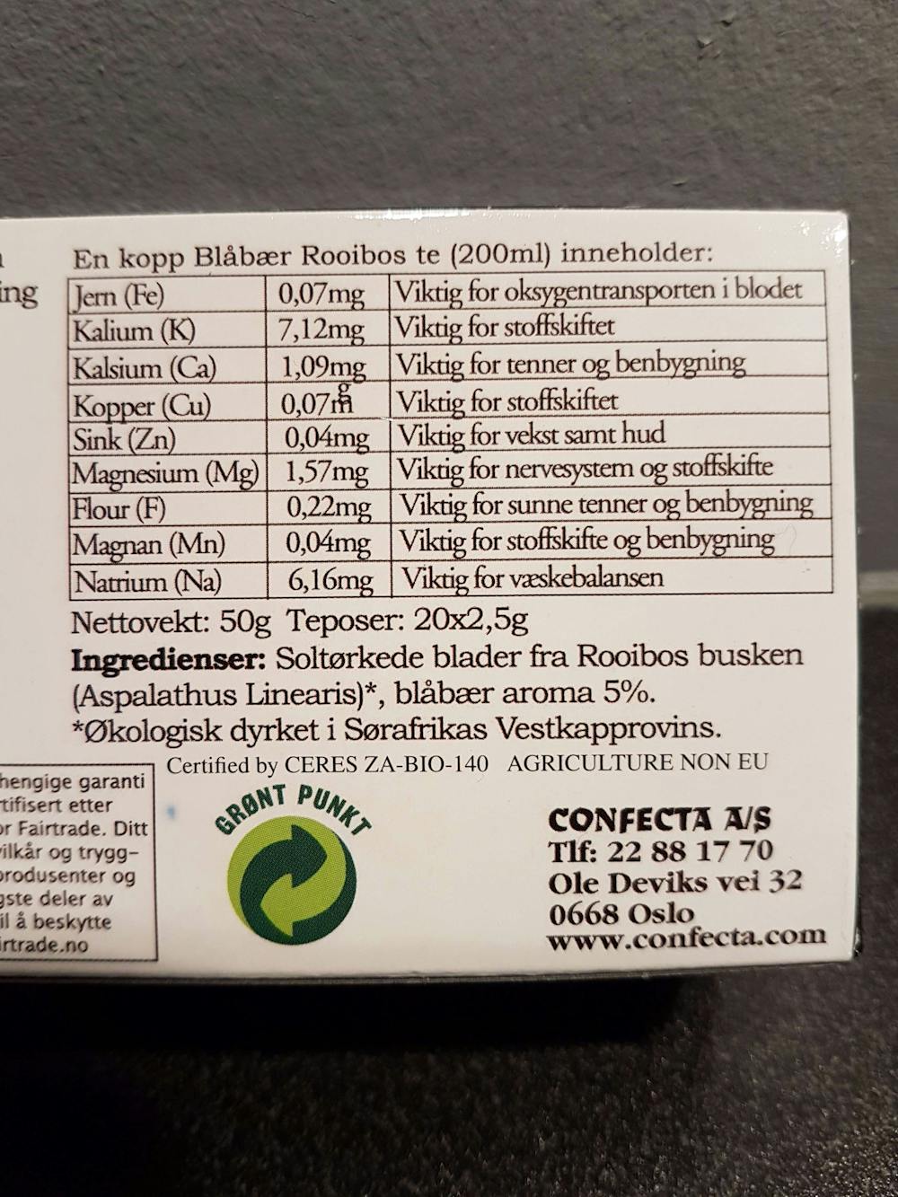 Ingredienslisten til Confecta Blåbær roobios