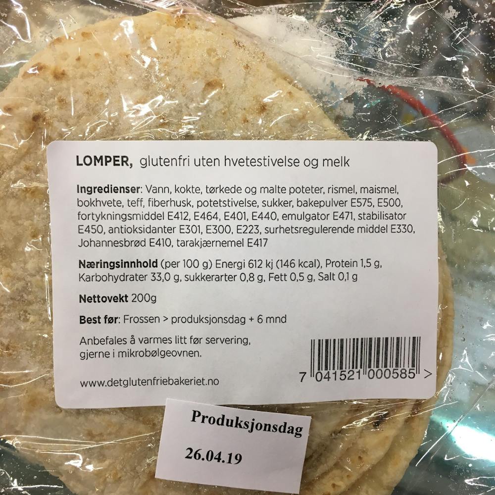 Ingredienslisten til Det glutenfrie bakeriet Lomper
