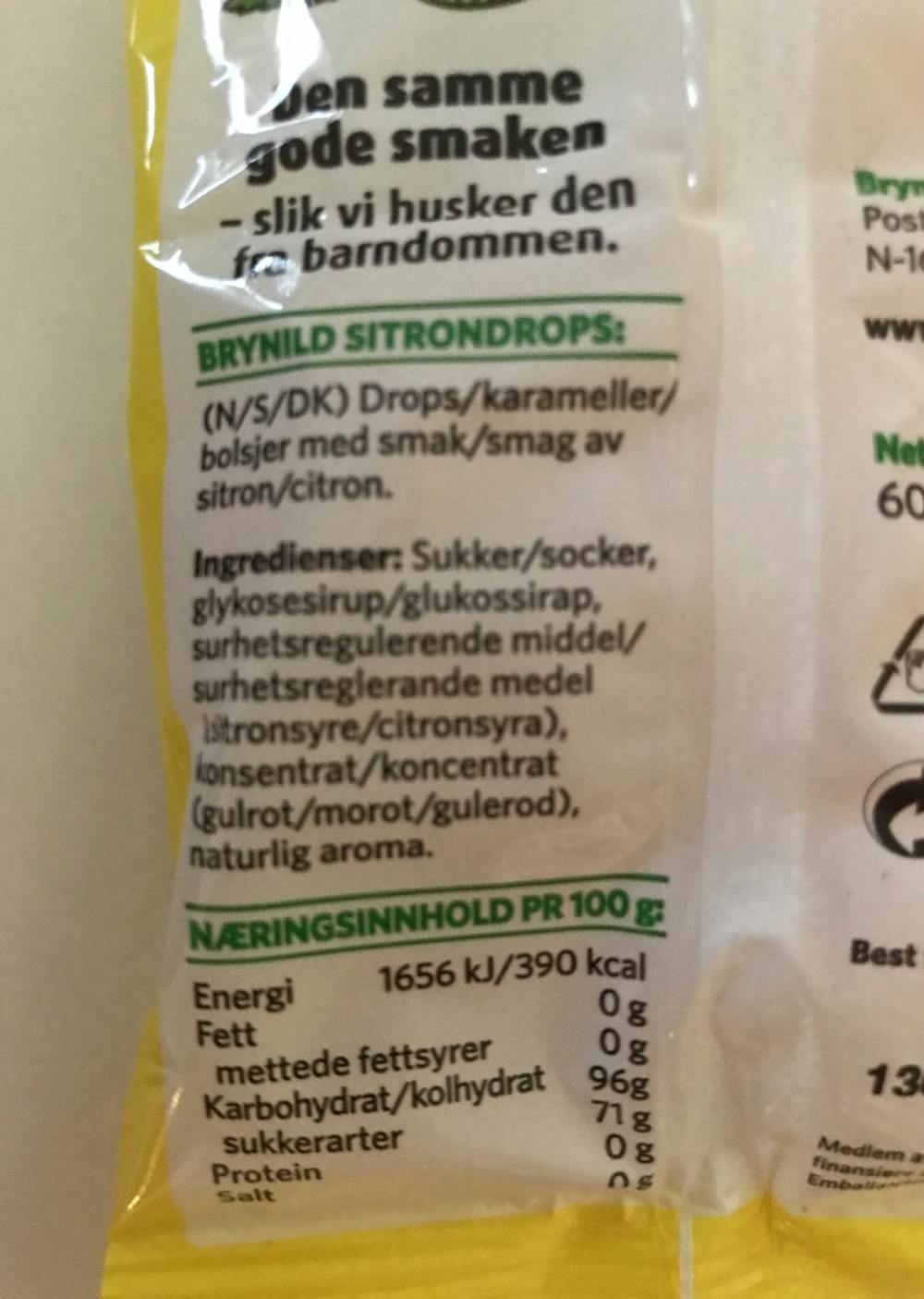 Ingrediensliste - Sitrondrops, Brynild