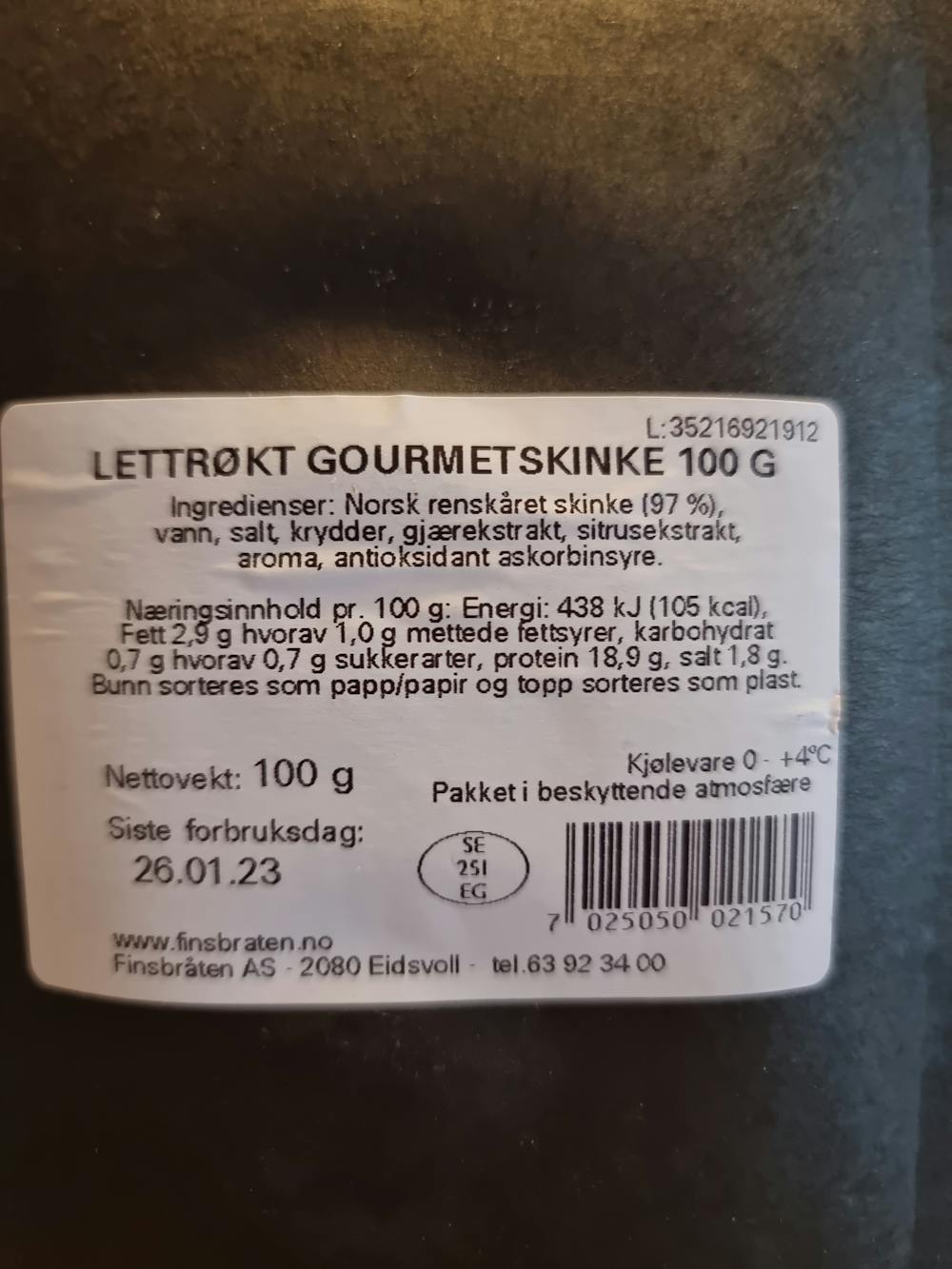 Ingrediensliste - Gourmet skinke, Finsbråten