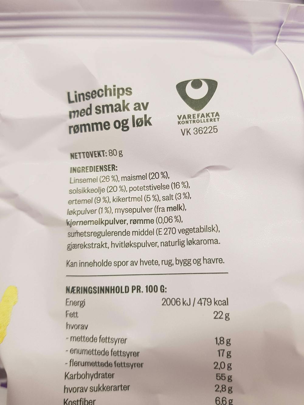 Ingredienslisten til Linsechips sour cream & onion , Nice 